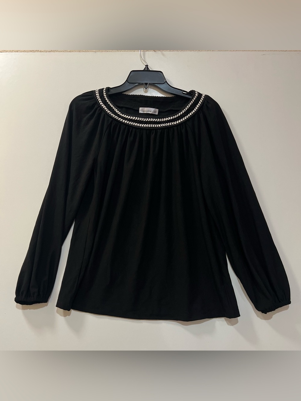 89th & Madison Black Long-Sleeve Top with Silver Braided Neckline